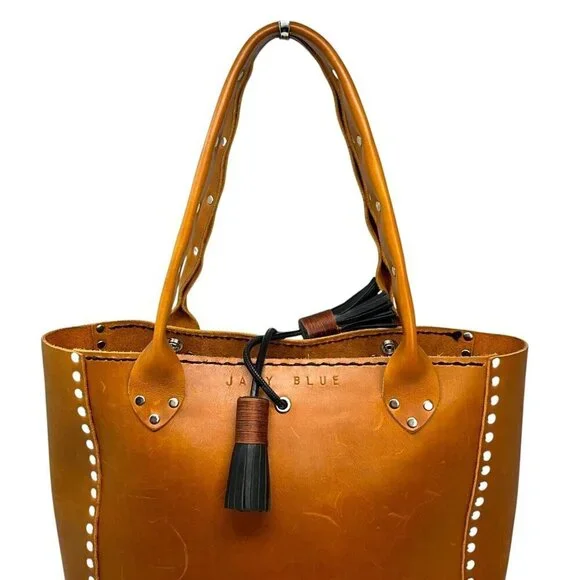 Jaxy Blue Medium Leather Tote Bag Brown Handmade Studded Western Tassel Pocket - Picture 2 of 14